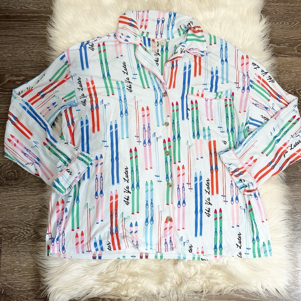 Lyre Bird Anthropologie Womens Pajama Top Long Sleeve Size Small Ski Print
